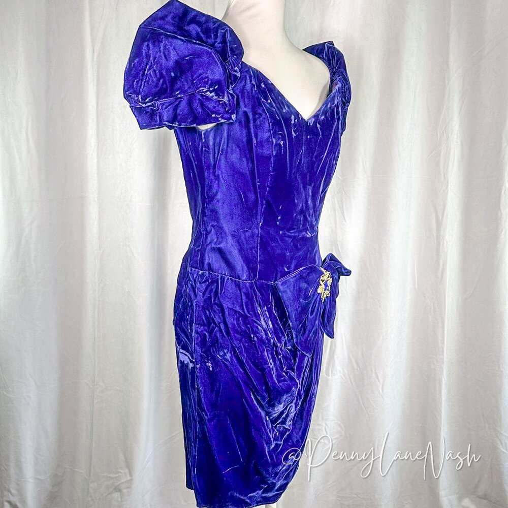 Vintage Alex Evenings Velvet Puff Sleeve Cocktail Dress Blue - Picture 2 of 12